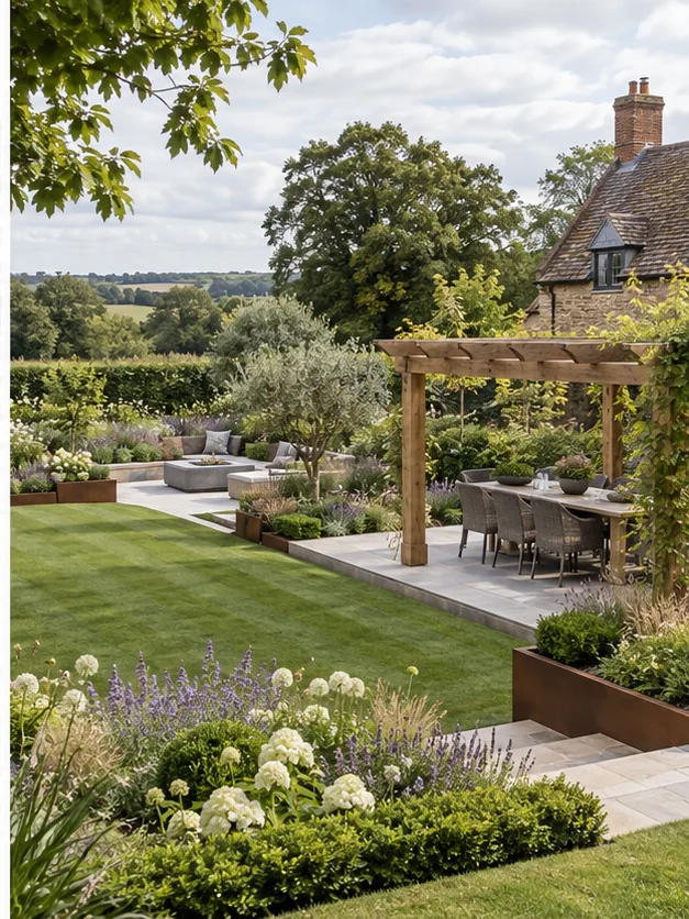 Illustrative landscaped British garden with pergola