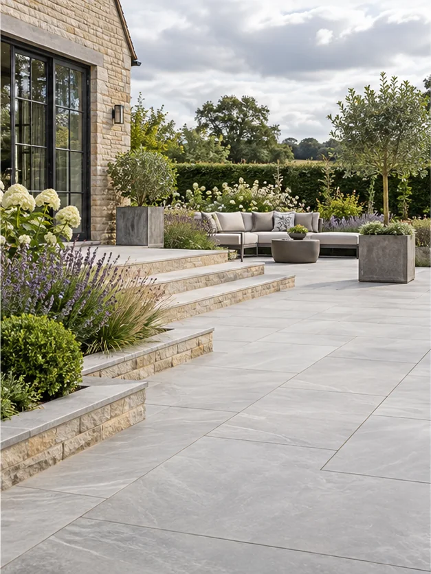 Illustrative porcelain patio with steps